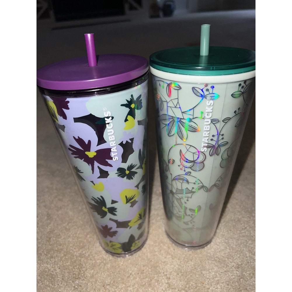 Starbucks Floral Cold Cup Tumbler Set 24oz Pansy & Holographic Iridescent 2pc